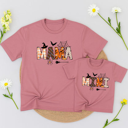 Mama and Mini Halloween Matching Shirts Spooky Pumpkin Spiderweb Witch Hat Black Orange Family Outfits Mommy and Me Party Gift