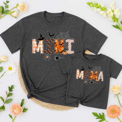 Mama and Mini Halloween Matching Shirts Spooky Pumpkin Spiderweb Witch Hat Black Orange Family Outfits Mommy and Me Party Gift