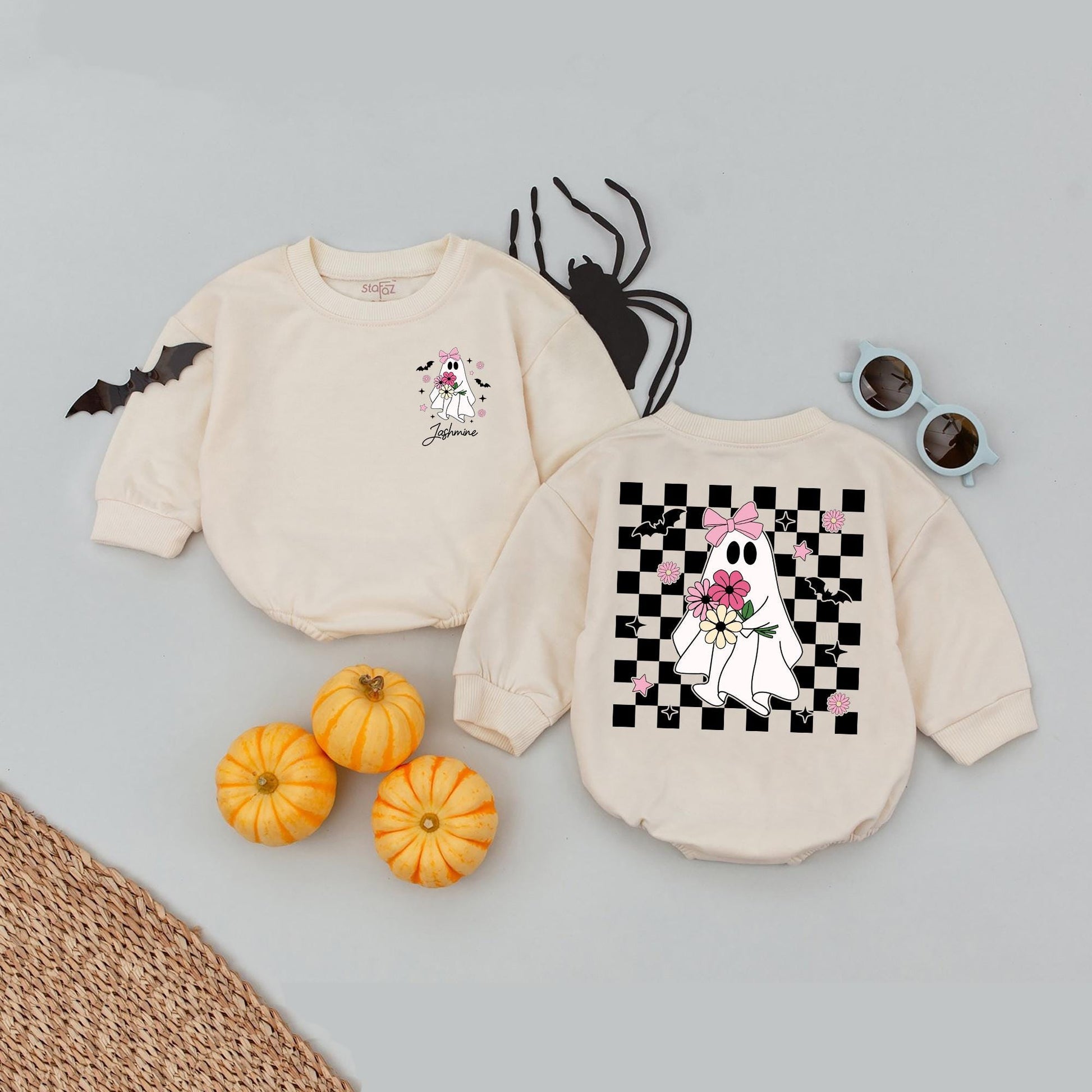 Personalized Name Ghost Baby Bodysuit - Cute Halloween Outfit for Baby Girl or Toddler - Floral & Star Design