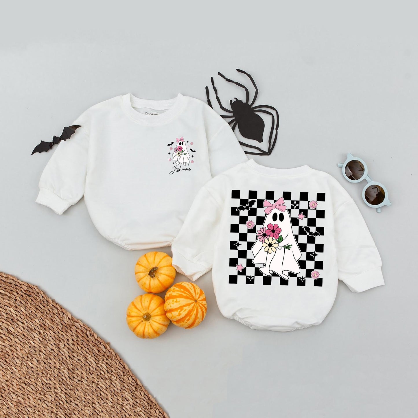 Personalized Name Ghost Baby Bodysuit - Cute Halloween Outfit for Baby Girl or Toddler - Floral & Star Design