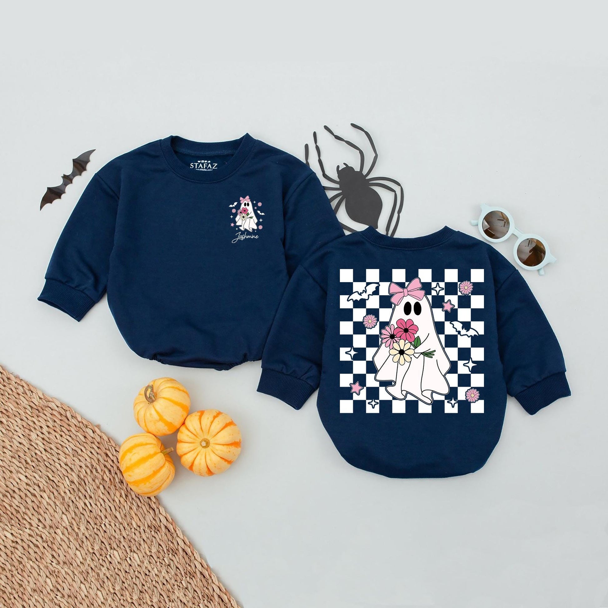 Personalized Name Ghost Baby Bodysuit - Cute Halloween Outfit for Baby Girl or Toddler - Floral & Star Design