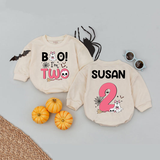 Personalized "Boo! I'm Two" Baby Girl Romper 2nd Birthday Spooky Season Halloween Outfit Cute Ghost Skull Bats Toddler Celebration Gift