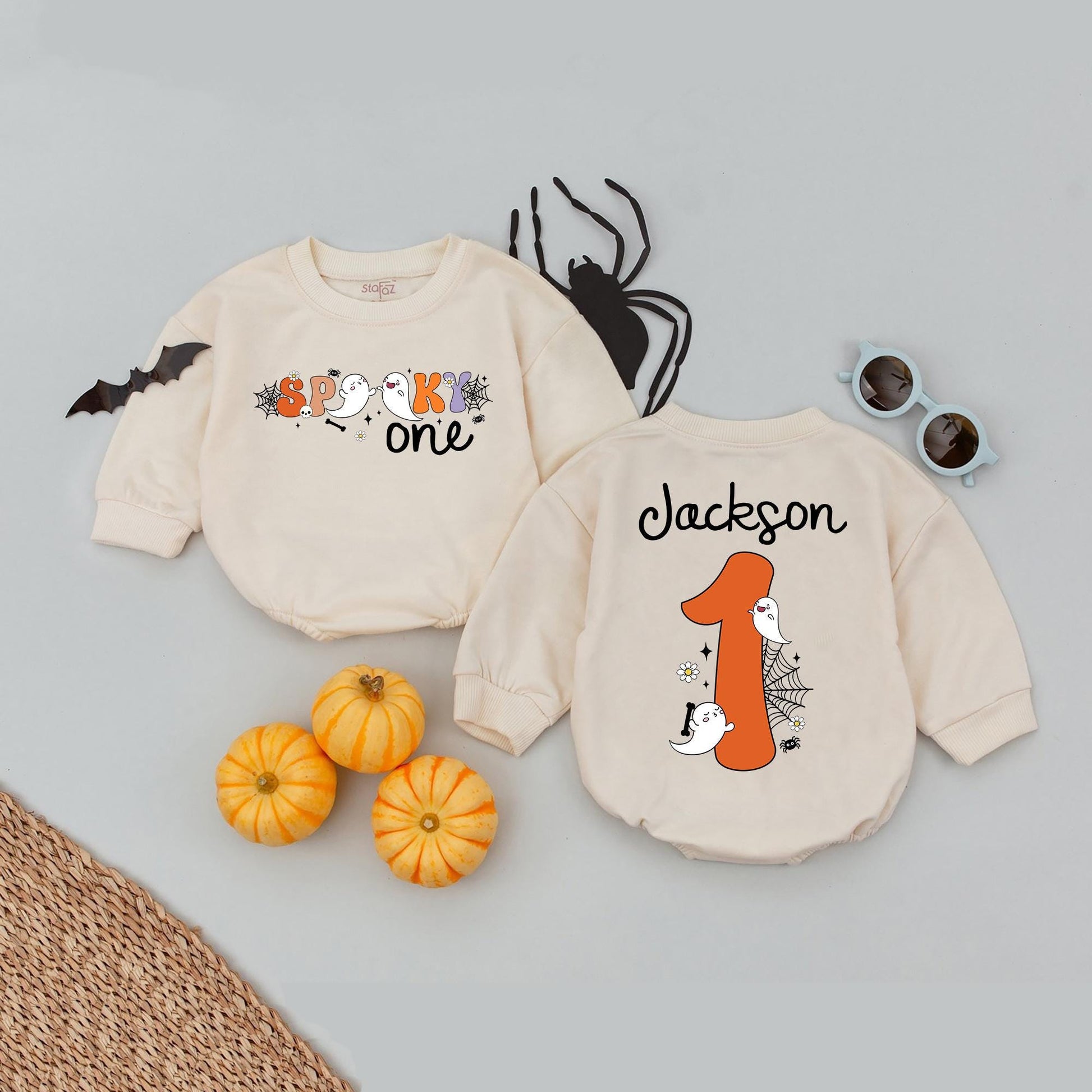 Personalized Spooky One Baby Romper My First Halloween Outfit Cute Ghost Spiderweb Purple Orange White