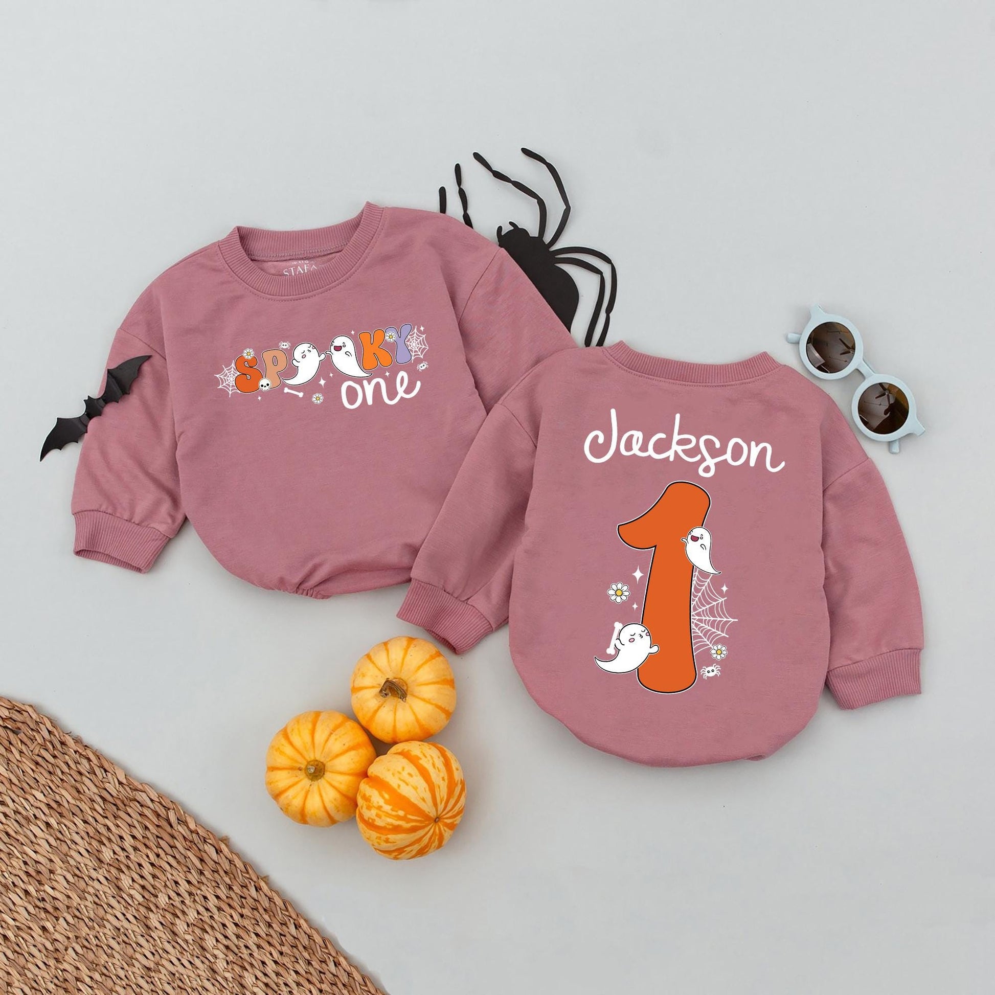 Personalized Spooky One Baby Romper My First Halloween Outfit Cute Ghost Spiderweb Purple Orange White