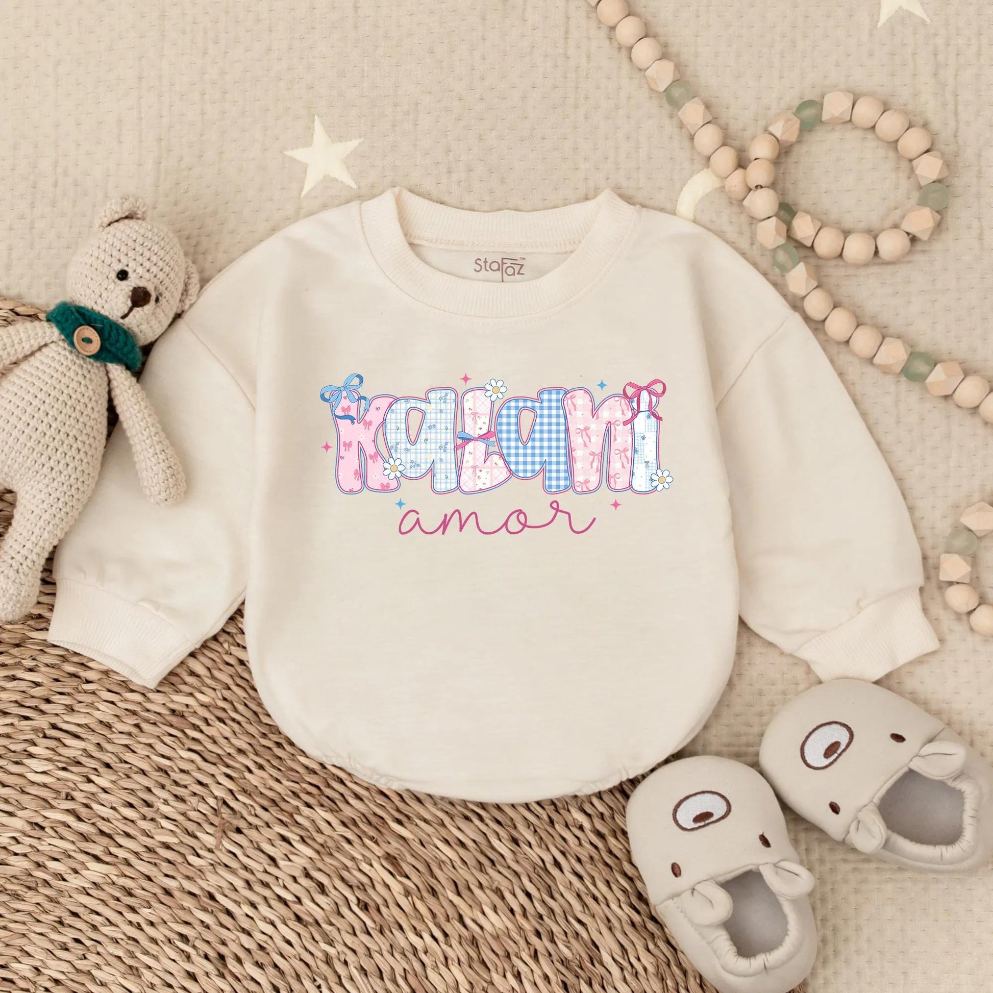 Personalized Pastel Name Baby Bubble Romper with Floral & Gingham Design, Cute Baby Girl Clothes, Baby Shower Gift