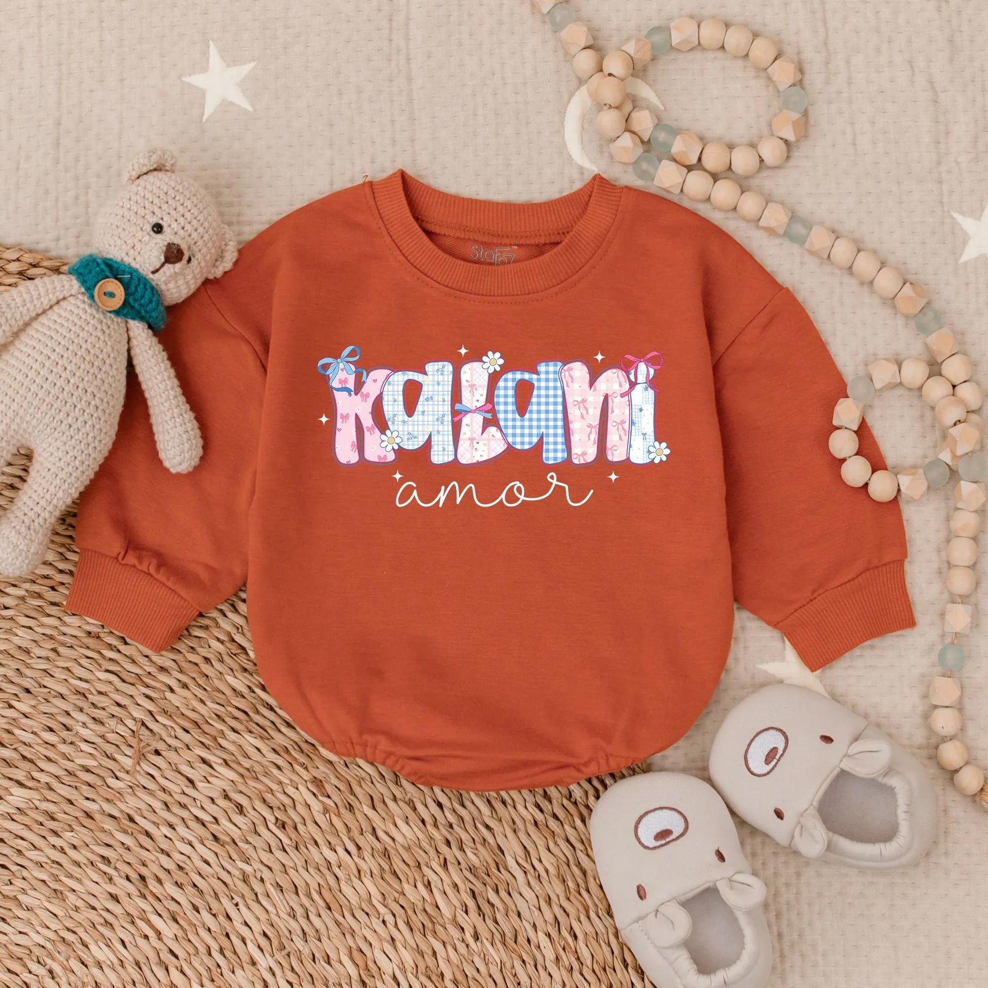 Personalized Pastel Name Baby Bubble Romper with Floral & Gingham Design, Cute Baby Girl Clothes, Baby Shower Gift