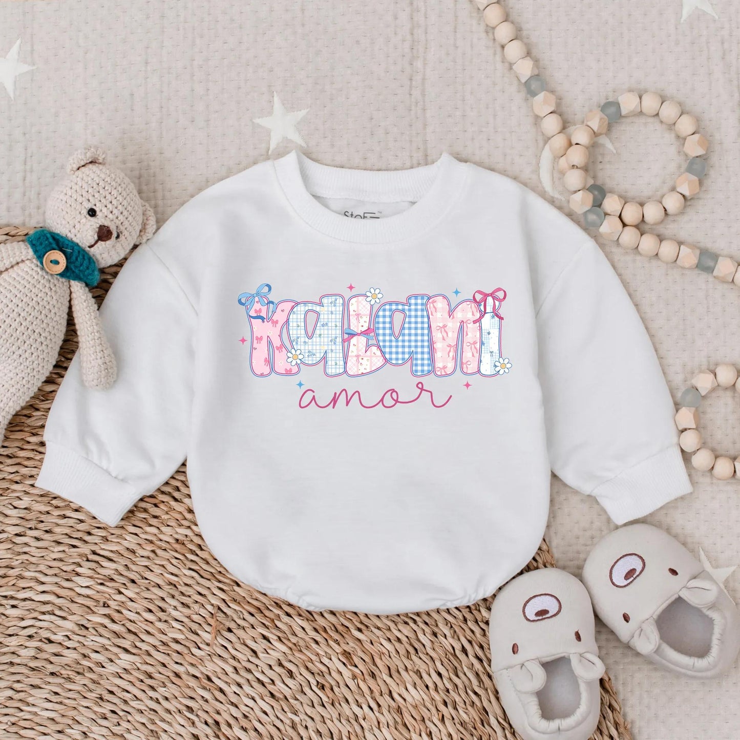 Personalized Pastel Name Baby Bubble Romper with Floral & Gingham Design, Cute Baby Girl Clothes, Baby Shower Gift