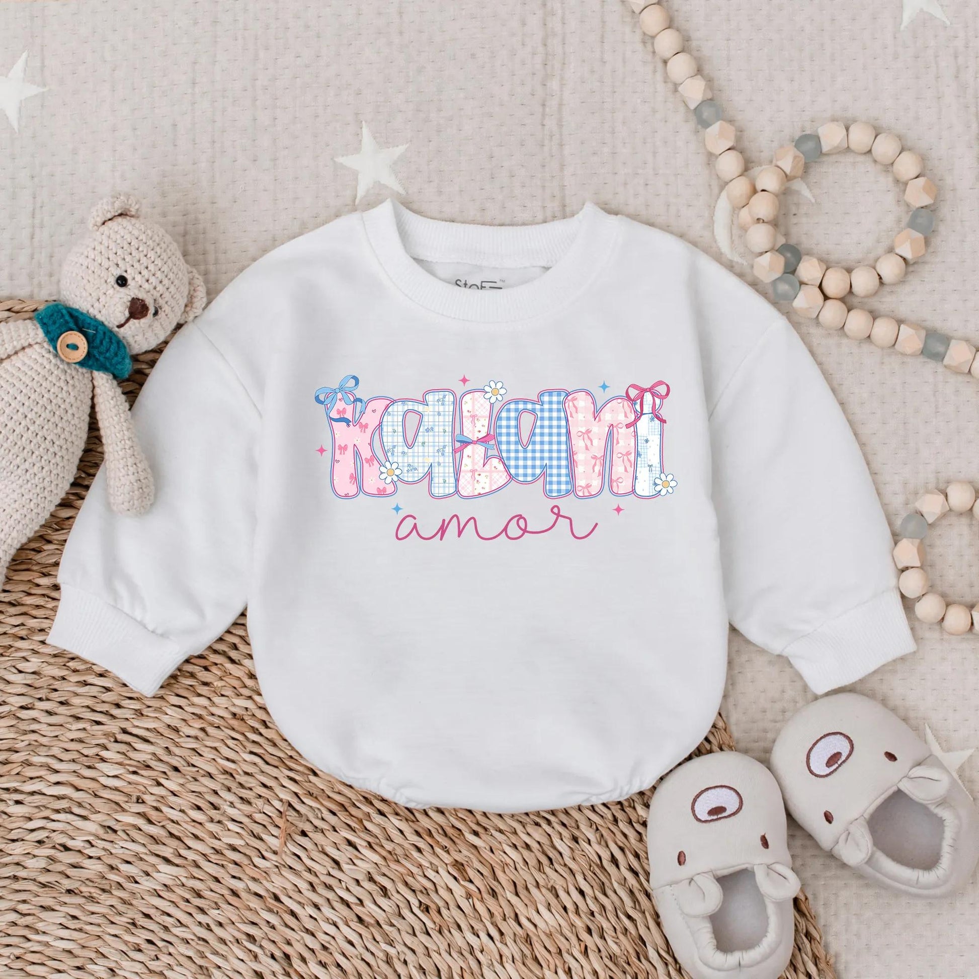 Personalized Pastel Name Baby Bubble Romper with Floral & Gingham Design, Cute Baby Girl Clothes, Baby Shower Gift