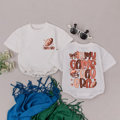 Personalized Game Day Romper: Retro Football Outfit with Custom Name, In My Game Day Era Baby Bodysuit, Football Bow, Perfect Newborn Shower Gift 139