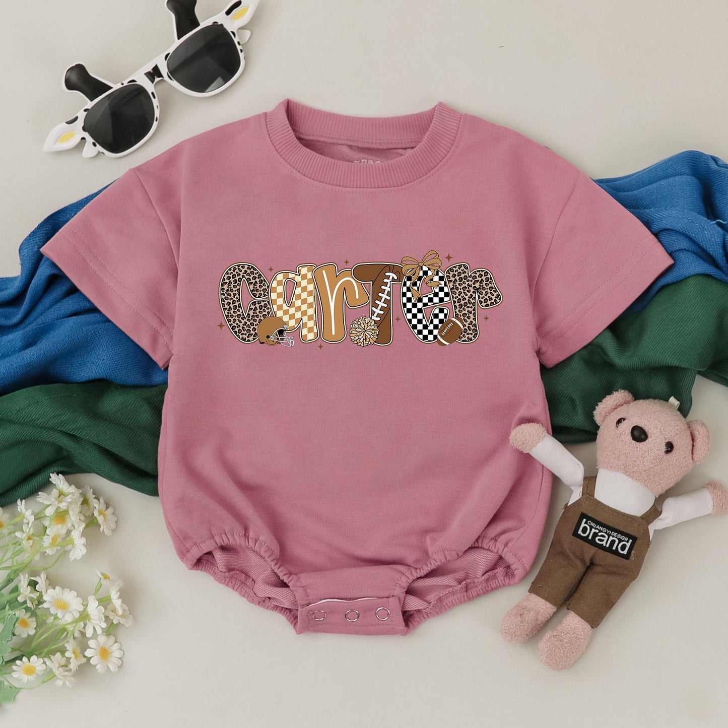 Carter's Game Day Romper: Retro Football Fun! Personalized Baby Outfit, Brown & Gold, Leopard Print, Custom Name Bodysuit, Unique Shower Gift 138 Chars