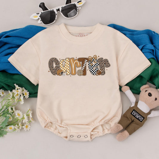 Carter's Game Day Romper: Retro Football Fun! Personalized Baby Outfit, Brown & Gold, Leopard Print, Custom Name Bodysuit, Unique Shower Gift 138 Chars