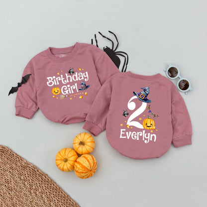 Personalized Second Halloween Birthday Girl Bubble Romper featuring Cute Witch Hat Pumpkin Bat & Candy Corn Design with Custom Name