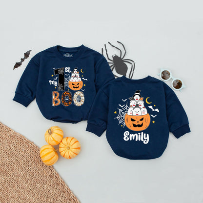My 1st Boo Baby Romper Personalized with Little Ghost Pumpkin Halloween Outfit for Baby Girl Emily Custom Name Cute Fall Bodysuit