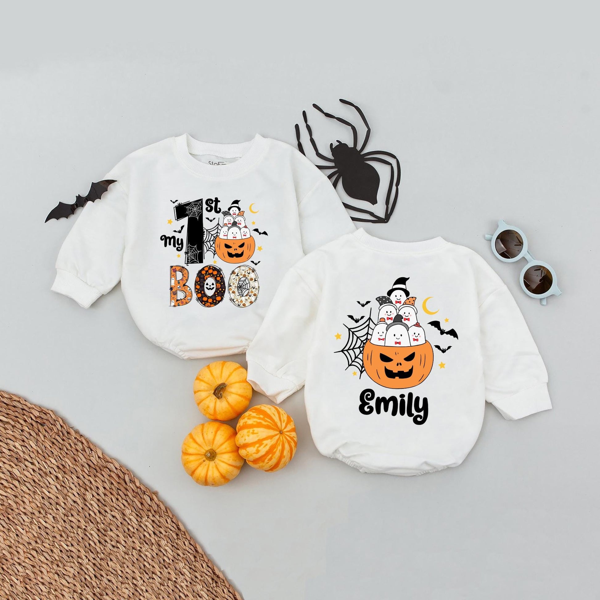 My 1st Boo Baby Romper Personalized with Little Ghost Pumpkin Halloween Outfit for Baby Girl Emily Custom Name Cute Fall Bodysuit