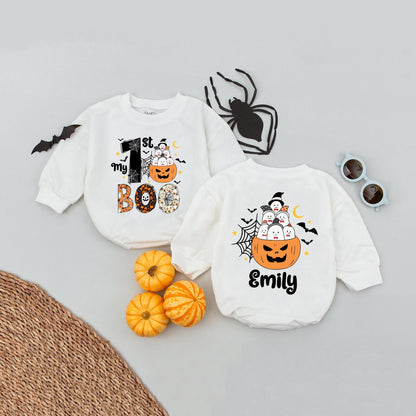 My 1st Boo Baby Romper Personalized with Little Ghost Pumpkin Halloween Outfit for Baby Girl Emily Custom Name Cute Fall Bodysuit