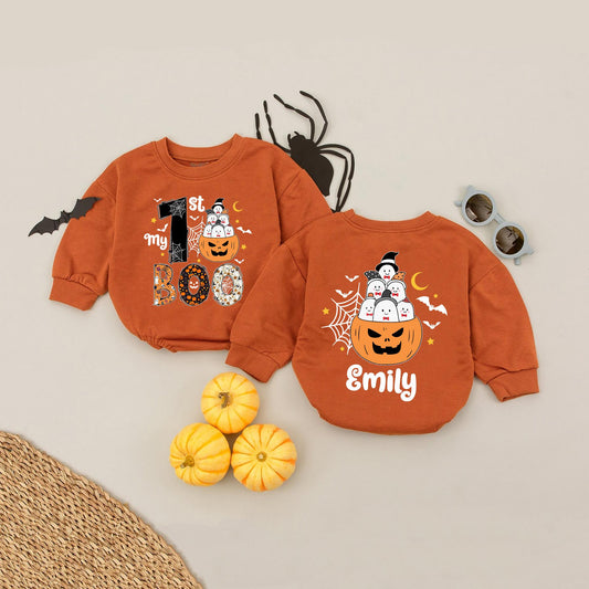 My 1st Boo Baby Romper Personalized with Little Ghost Pumpkin Halloween Outfit for Baby Girl Emily Custom Name Cute Fall Bodysuit