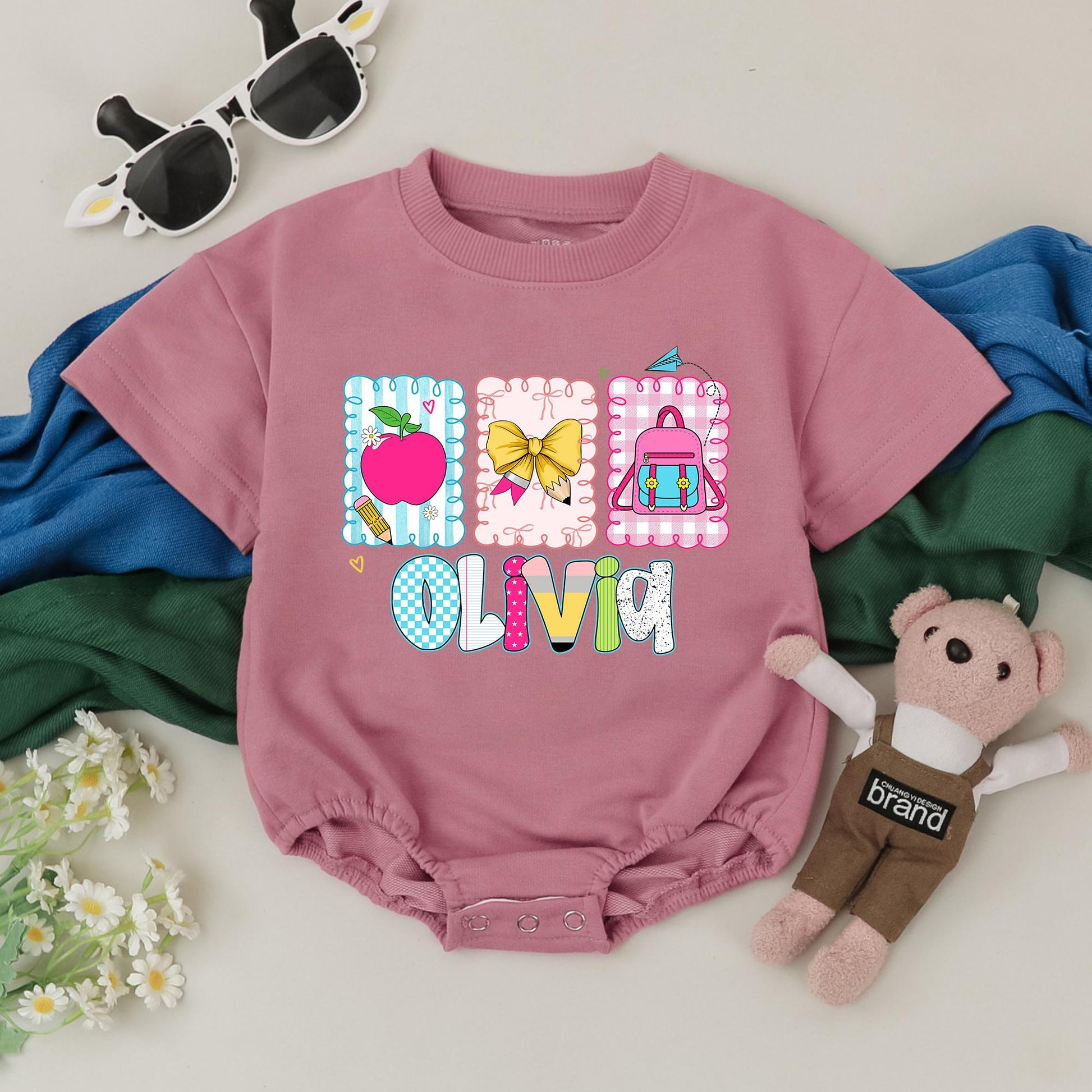 Personalized Girls Back to School Romper First Day Kindergarten Outfit Whimsical Name Design Pink Apple Yellow Bow Backpack Toddler Bodysuit