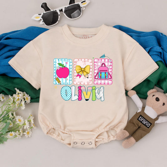 Personalized Girls Back to School Romper First Day Kindergarten Outfit Whimsical Name Design Pink Apple Yellow Bow Backpack Toddler Bodysuit