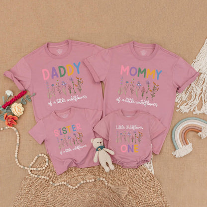 Little Wildflower Family Matching Shirts Boho Floral 1st Birthday Outfits Mommy Daddy Sister Wild One Birthday Girl Gift Celebration Clothes Cotton
