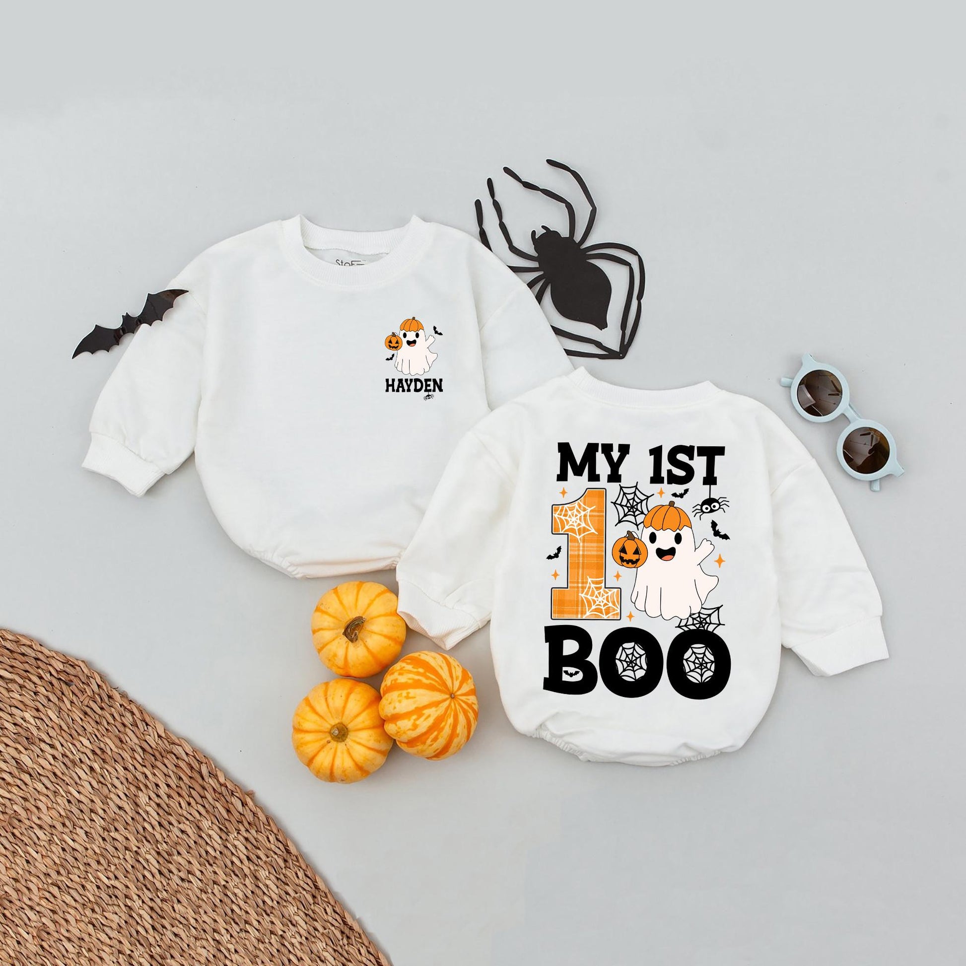Personalized My 1st Boo Halloween Baby Romper Custom Name Outfit - Spooky First Halloween Costume - Ghost & Pumpkin Design Baby Fall Clothes