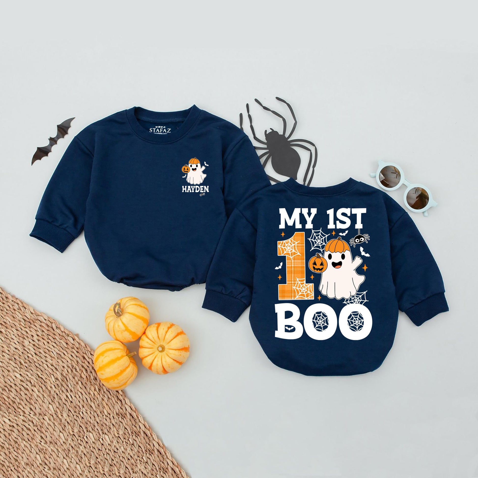 Personalized My 1st Boo Halloween Baby Romper Custom Name Outfit - Spooky First Halloween Costume - Ghost & Pumpkin Design Baby Fall Clothes