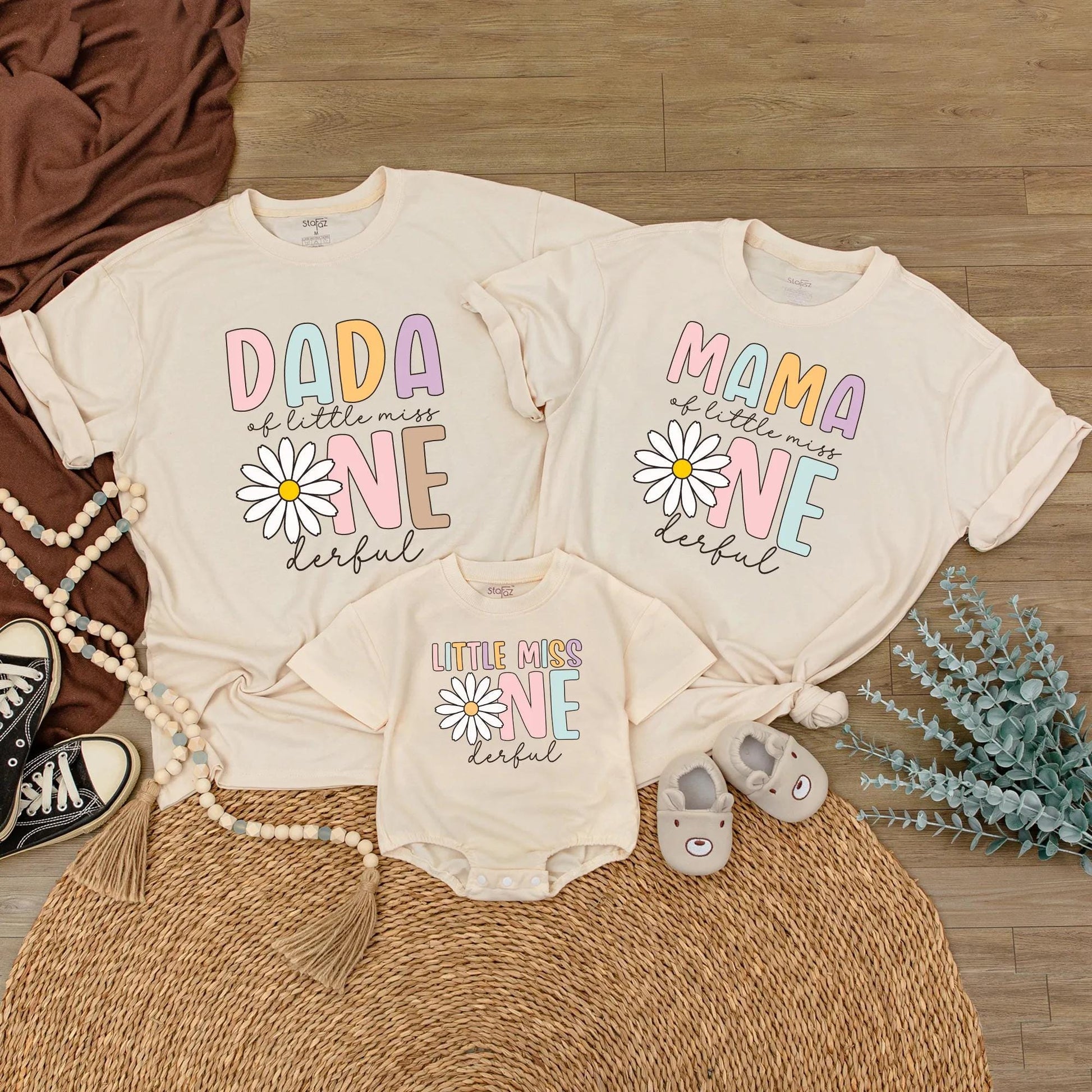 Little Miss ONEderful Matching Family Birthday Shirts, Daisy 1st Birthday Outfit for Girls, Mama Dada Sister Tee, Pastel Rainbow, 130-140 Characters!