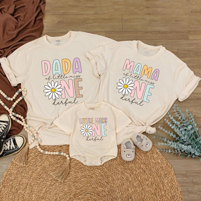 Little Miss ONEderful Matching Family Birthday Shirts, Daisy 1st Birthday Outfit for Girls, Mama Dada Sister Tee, Pastel Rainbow, 130-140 Characters!