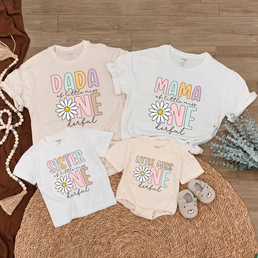 Little Miss ONEderful Matching Family Birthday Shirts, Daisy 1st Birthday Outfit for Girls, Mama Dada Sister Tee, Pastel Rainbow, 130-140 Characters!