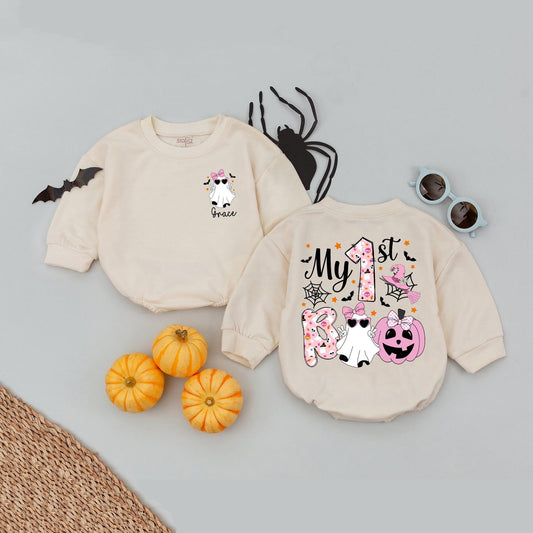 Custom Grace Ghost Romper My 1st Boo Baby Bodysuit Cute Halloween Outfit First Birthday Gift
