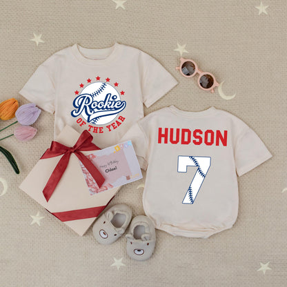 Custom Rookie of the Year Baseball Birthday Romper Personalized Name Baby Sports First Birthday Party Outfit Cute Rookie Bodysuit