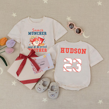 Snack Muncher & Proud Brother Baseball Romper Baby Toddler Game Day Ballpark Outfit