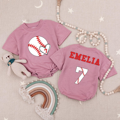 Custom Name Baseball First Birthday Baby Romper Sporty Outfit with Number 7 Design and Red Stitches Fun Playful All Star Theme for Baby Boy Girl
