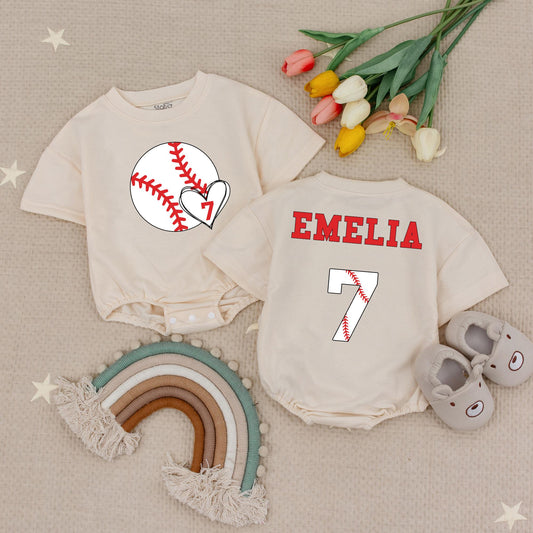 Custom Name Baseball First Birthday Baby Romper Sporty Outfit with Number 7 Design and Red Stitches Fun Playful All Star Theme for Baby Boy Girl