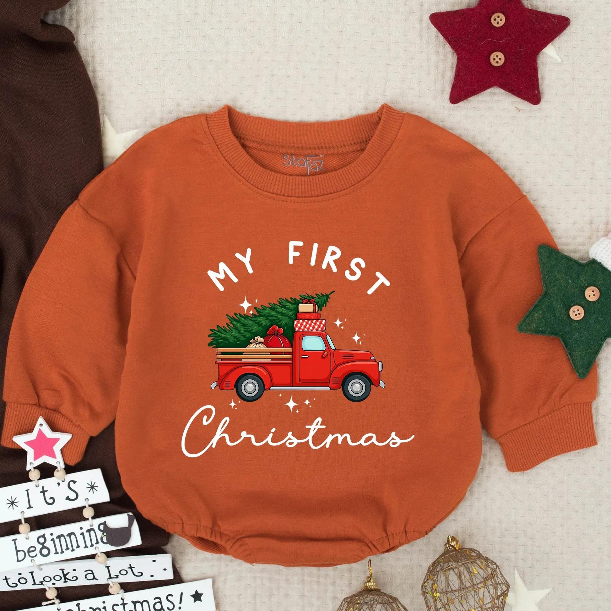 My First Christmas Baby Romper, Red Truck & Tree Sweatshirt Outfit, Newborn Holiday Bodysuit, Winter Pullover, Baby Shower Gift, Festive Star Design (139)