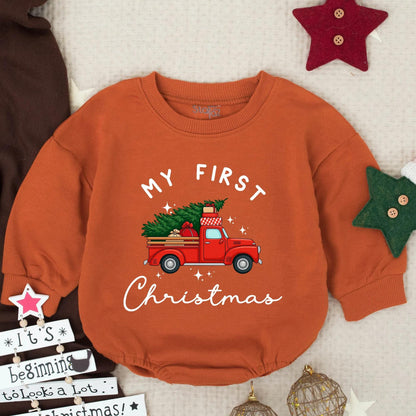 My First Christmas Baby Romper, Red Truck & Tree Sweatshirt Outfit, Newborn Holiday Bodysuit, Winter Pullover, Baby Shower Gift, Festive Star Design (139)