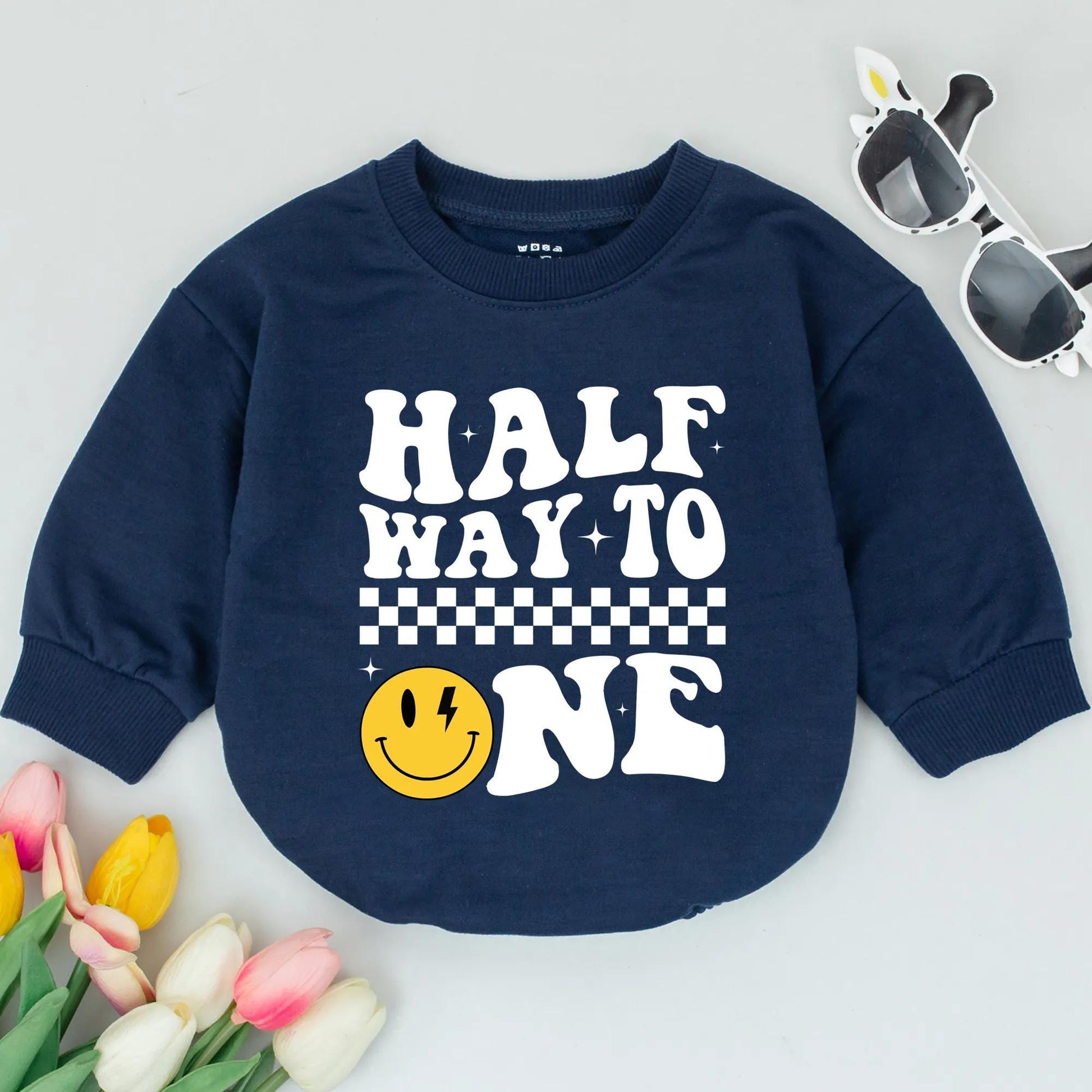 Half Way To One Baby Romper, Retro Checker Smiley Face 6 Month Birthday Onesie Outfit, Whimsical Lightning Eye Design Shower Gift