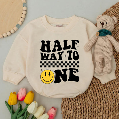 Half Way To One Baby Romper, Retro Checker Smiley Face 6 Month Birthday Onesie Outfit, Whimsical Lightning Eye Design Shower Gift