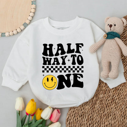 Half Way To One Baby Romper, Retro Checker Smiley Face 6 Month Birthday Onesie Outfit, Whimsical Lightning Eye Design Shower Gift
