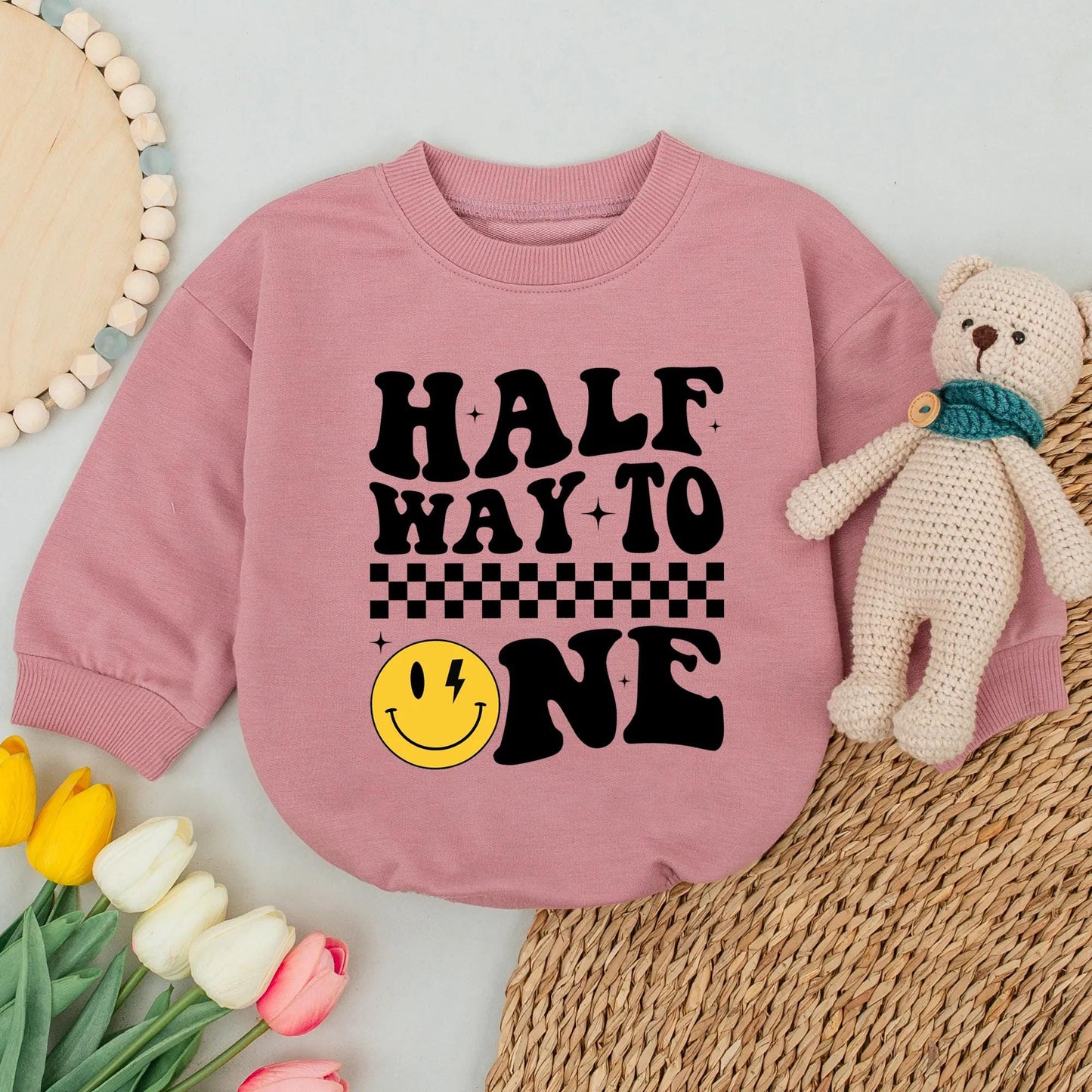 Half Way To One Baby Romper, Retro Checker Smiley Face 6 Month Birthday Onesie Outfit, Whimsical Lightning Eye Design Shower Gift