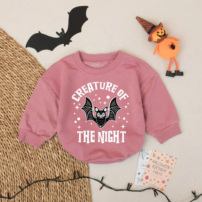 Spooky Cute Creature of The Night Halloween Baby Romper, Funny Bat Bodysuit First Halloween Outfit, Playful Halloween Gift Idea 136 chars