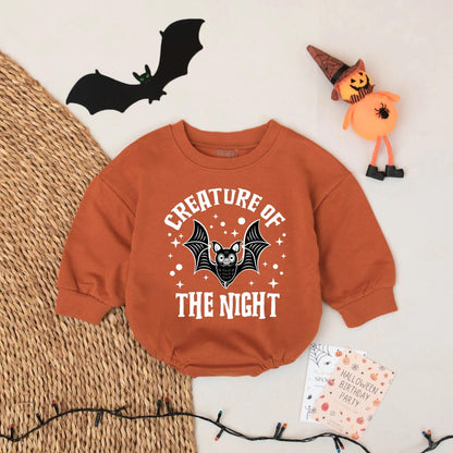 Spooky Cute Creature of The Night Halloween Baby Romper, Funny Bat Bodysuit First Halloween Outfit, Playful Halloween Gift Idea 136 chars