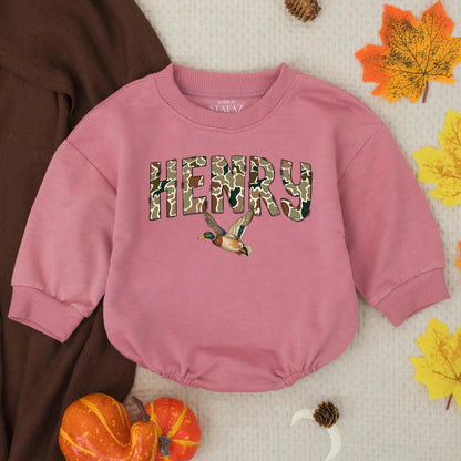 HENRY Camo Name Mallard Duck Baby Boy Romper, Hunting Season Outfit, Personalized Baby Shower Gift, Duck Hunter Baby Clothes