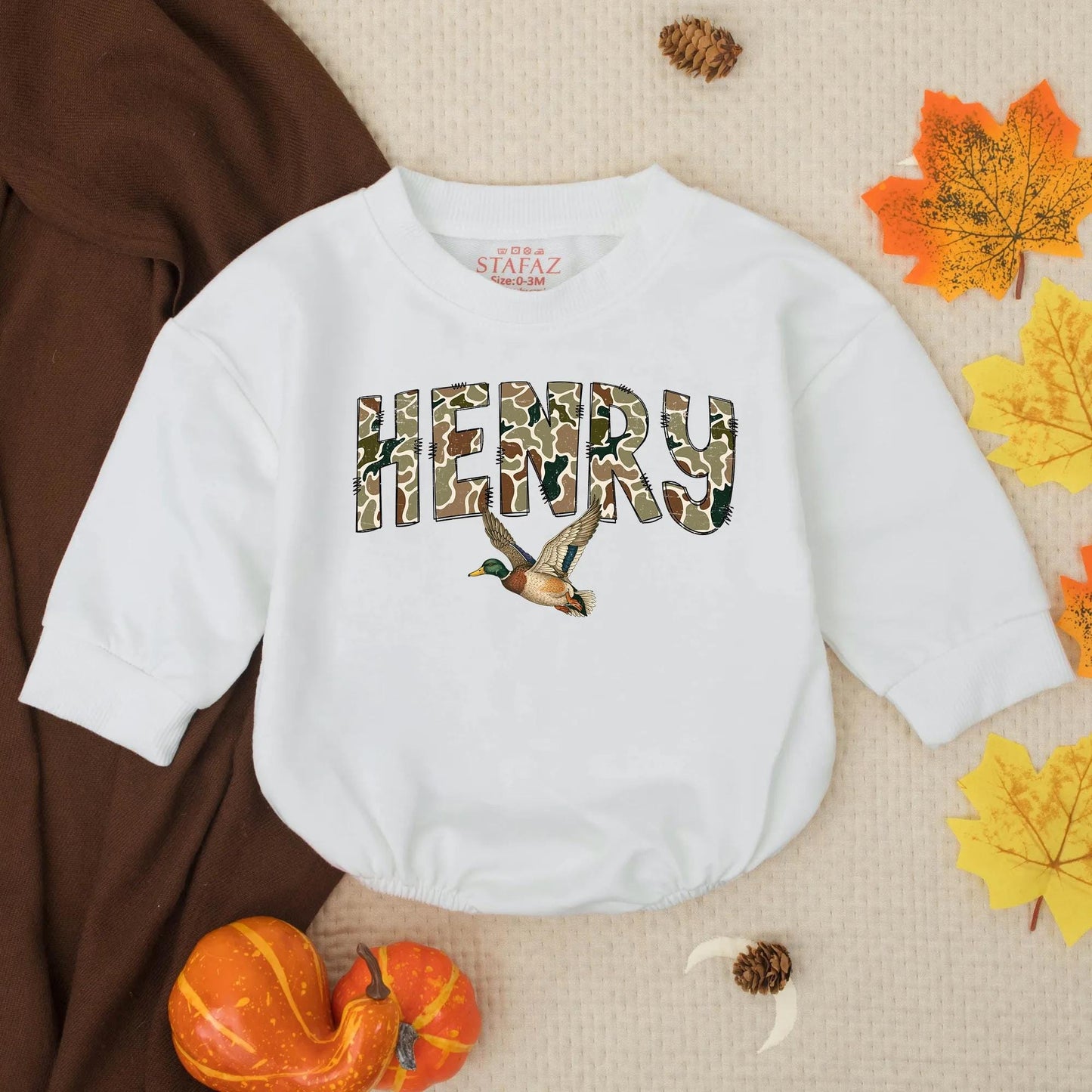 HENRY Camo Name Mallard Duck Baby Boy Romper, Hunting Season Outfit, Personalized Baby Shower Gift, Duck Hunter Baby Clothes