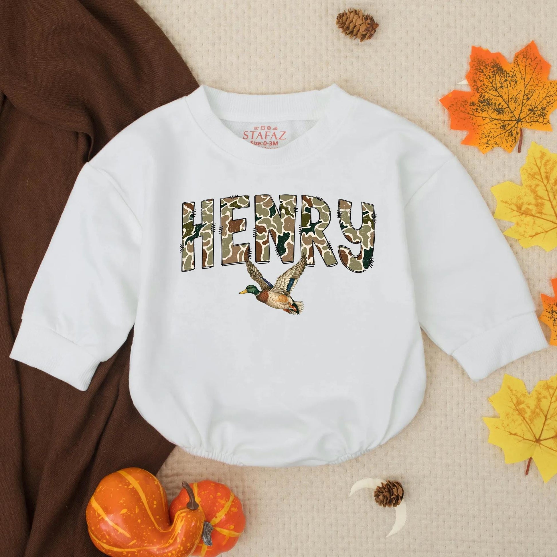 HENRY Camo Name Mallard Duck Baby Boy Romper, Hunting Season Outfit, Personalized Baby Shower Gift, Duck Hunter Baby Clothes