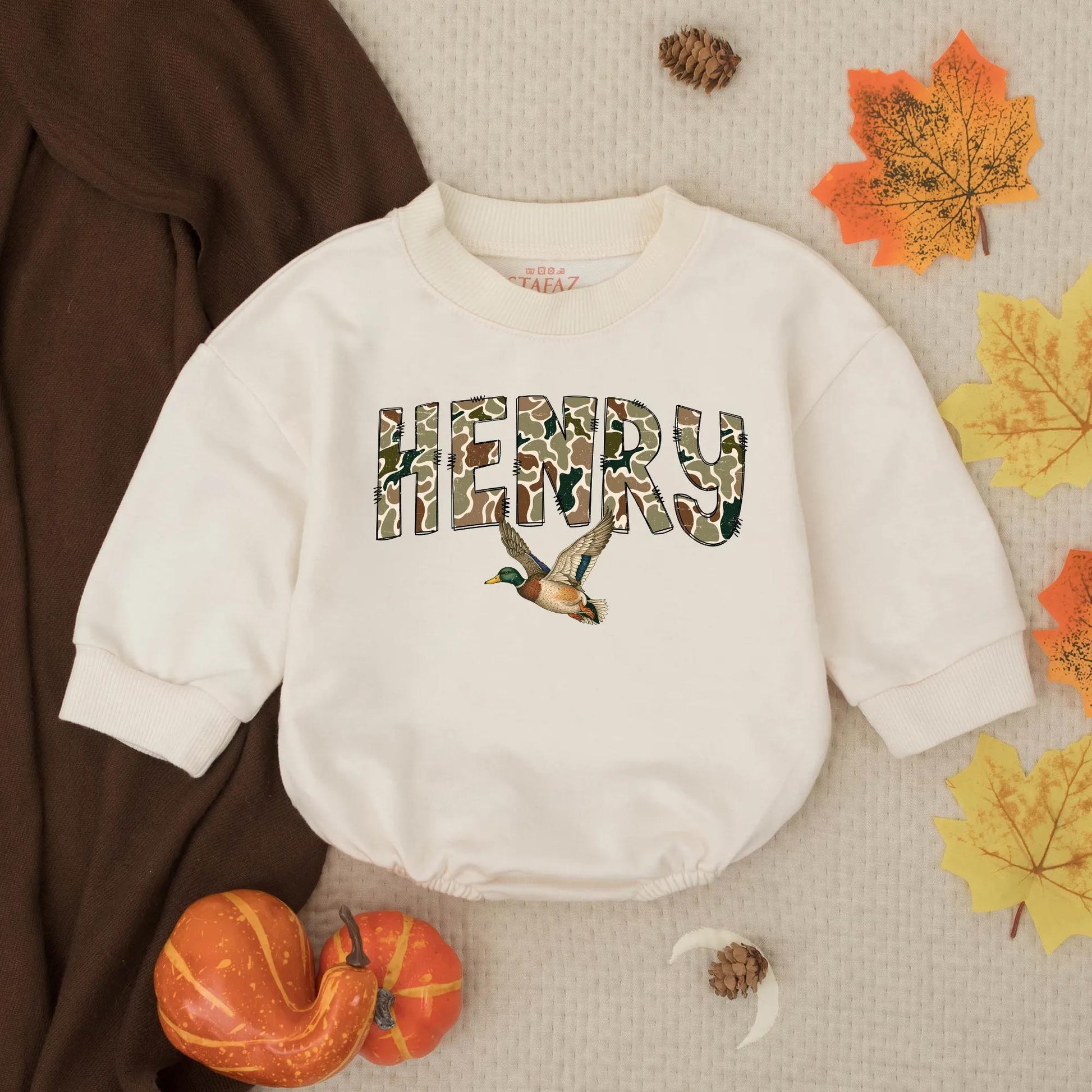 HENRY Camo Name Mallard Duck Baby Boy Romper, Hunting Season Outfit, Personalized Baby Shower Gift, Duck Hunter Baby Clothes