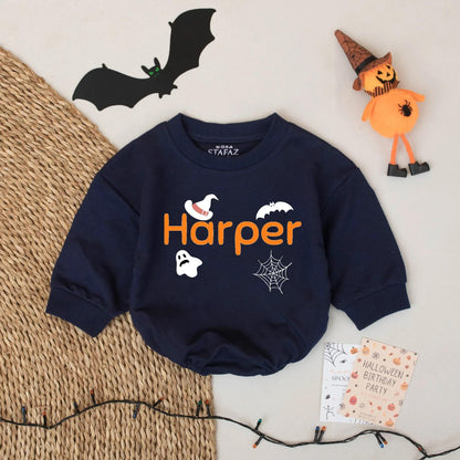 Custom Harper Halloween Baby Romper with Witch Hat & Bat | Retro Spooky Season Outfit for Baby Girl & Boy | First Halloween Gift