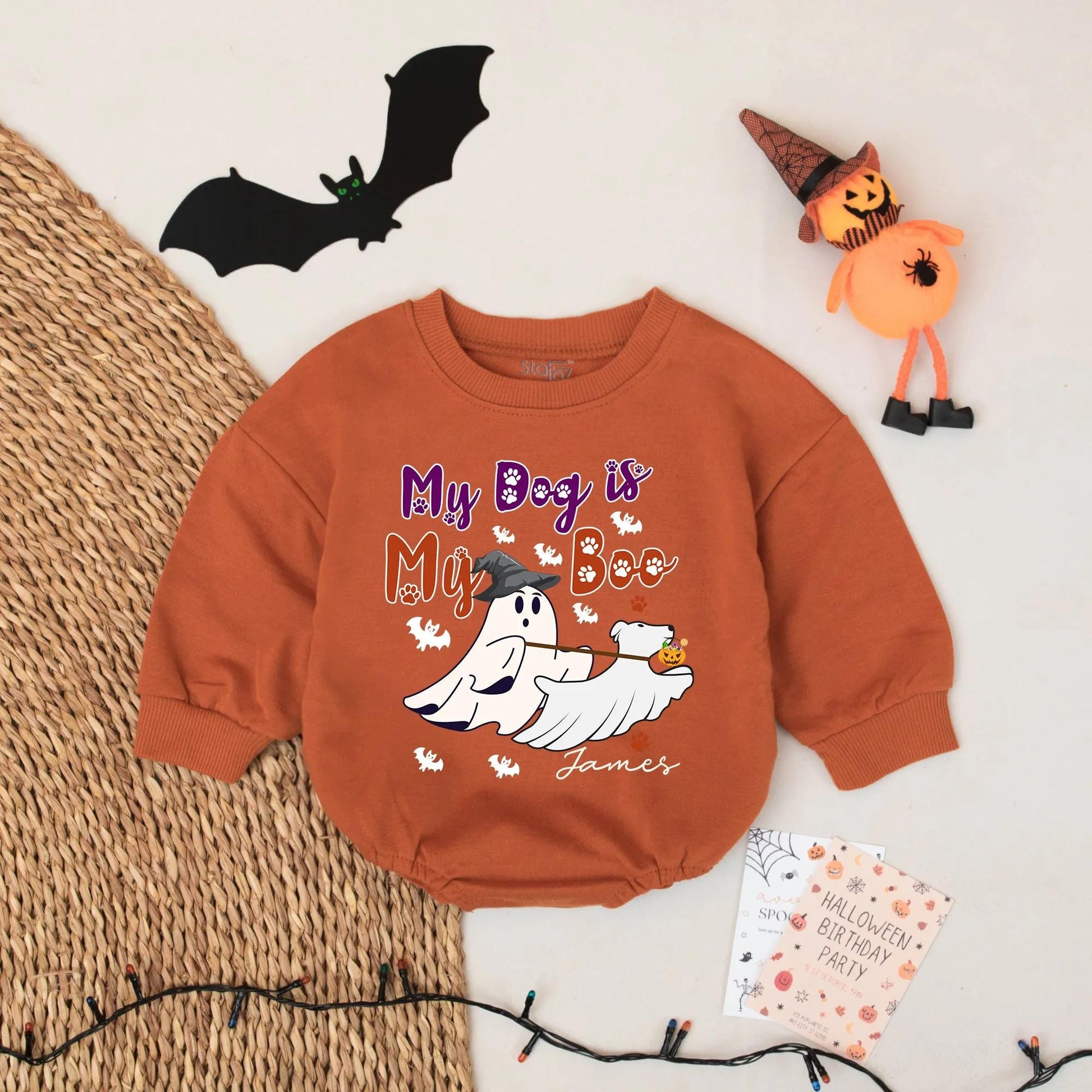Custom Name My Dog is My Boo Halloween Baby Romper First Halloween Bodysuit Boy Outfit Whimsical Ghost Dog Paw Print Purple Orange Cute Infant Gift