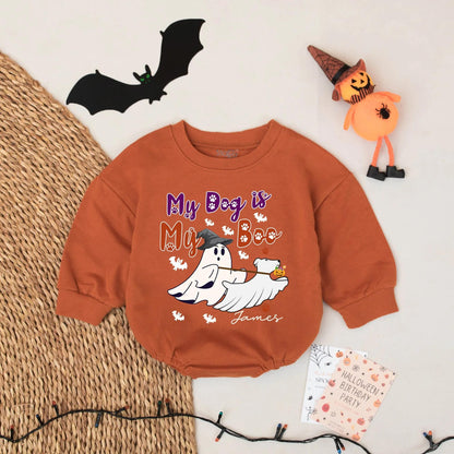 Custom Name My Dog is My Boo Halloween Baby Romper First Halloween Bodysuit Boy Outfit Whimsical Ghost Dog Paw Print Purple Orange Cute Infant Gift