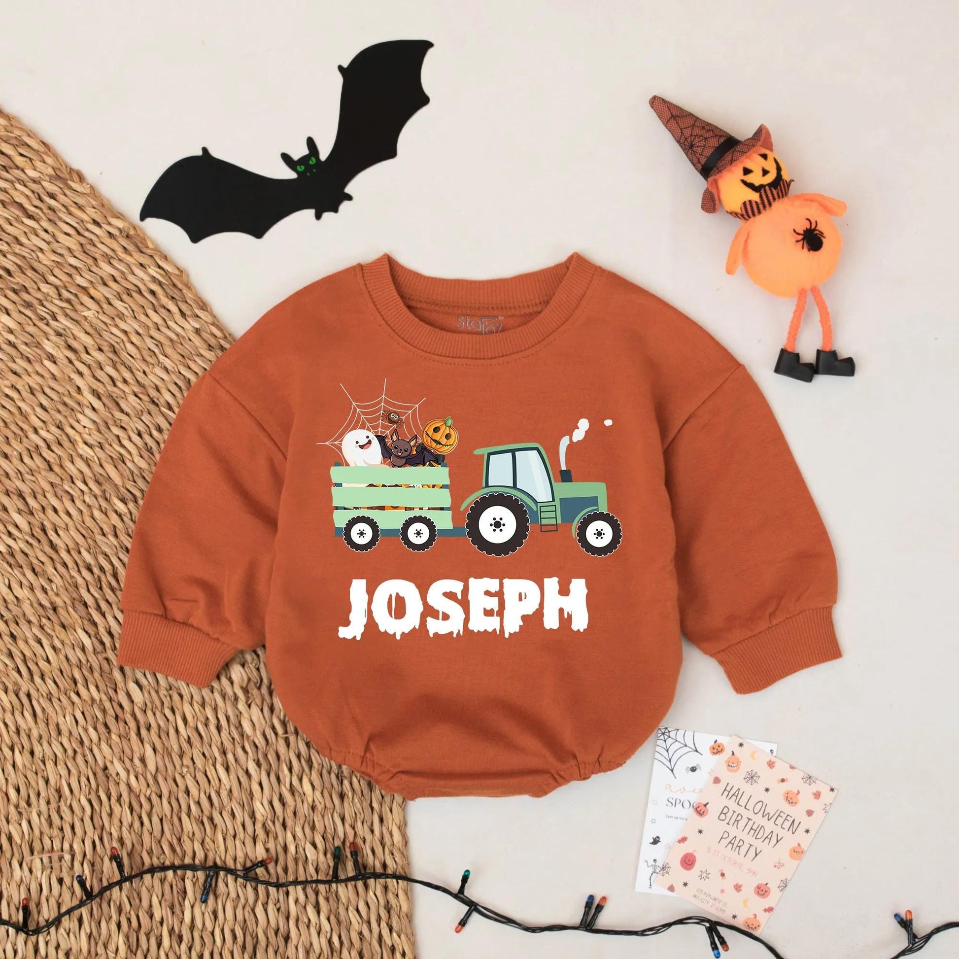 Custom Joseph Halloween Tractor Romper Baby Boy Green Spooky Wagon Ghost Bat Pumpkin Spiderweb Design First Birthday Coming Home Outfit Thanksgiving Gift