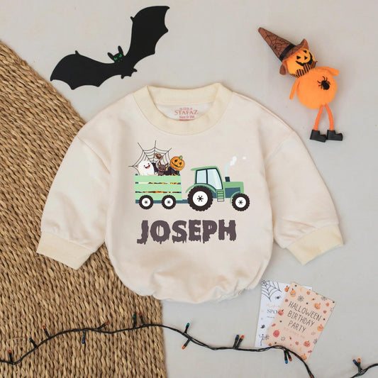 Custom Joseph Halloween Tractor Romper Baby Boy Green Spooky Wagon Ghost Bat Pumpkin Spiderweb Design First Birthday Coming Home Outfit Thanksgiving Gift